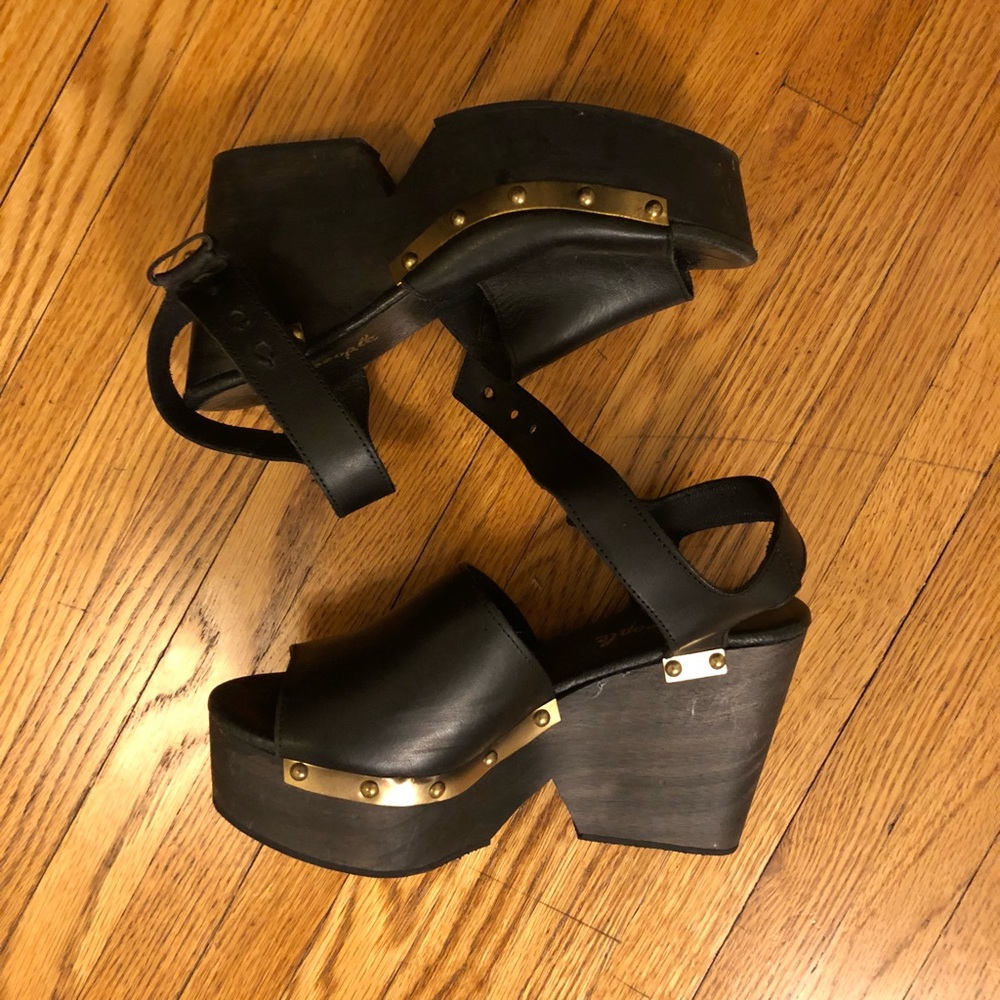 Free People black leather wooden platform wedges